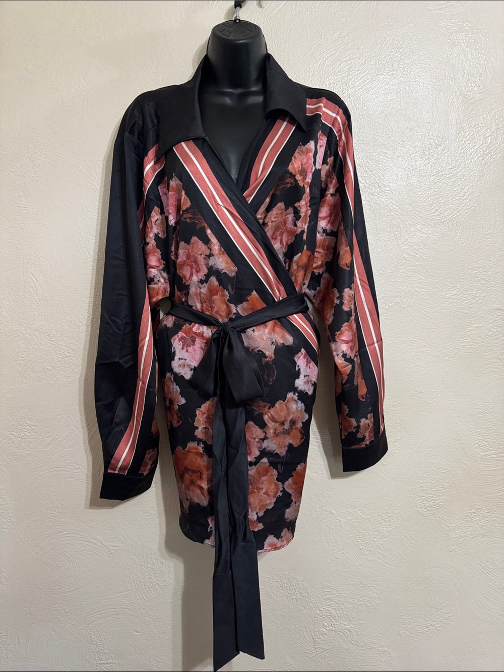 City Chic Black Floral Wrap Blouse with Pink Stripe Accents